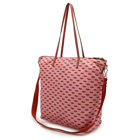 PRADA Prada Triangle Lip Pattern Tote Bag Shoulder Nylon Leather Pink Red - Picture 3 of 9